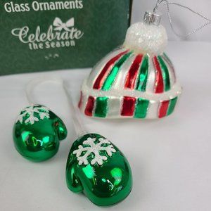 VTG Christmas Mittens Beanie Hat Blown Glass Ornament Set Snowflakes Glitter